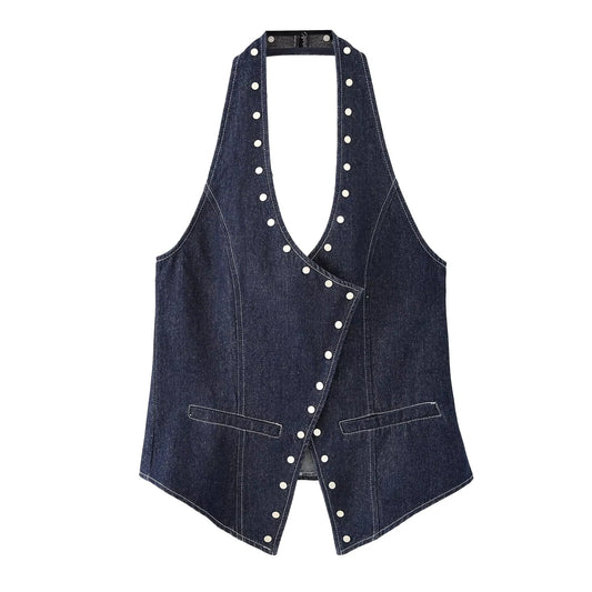 Denim Rivet V neck Waistcoat