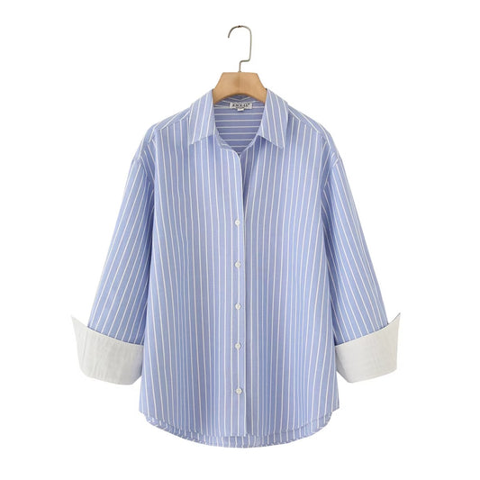 Simonne Blue Striped Cuffed Shirt