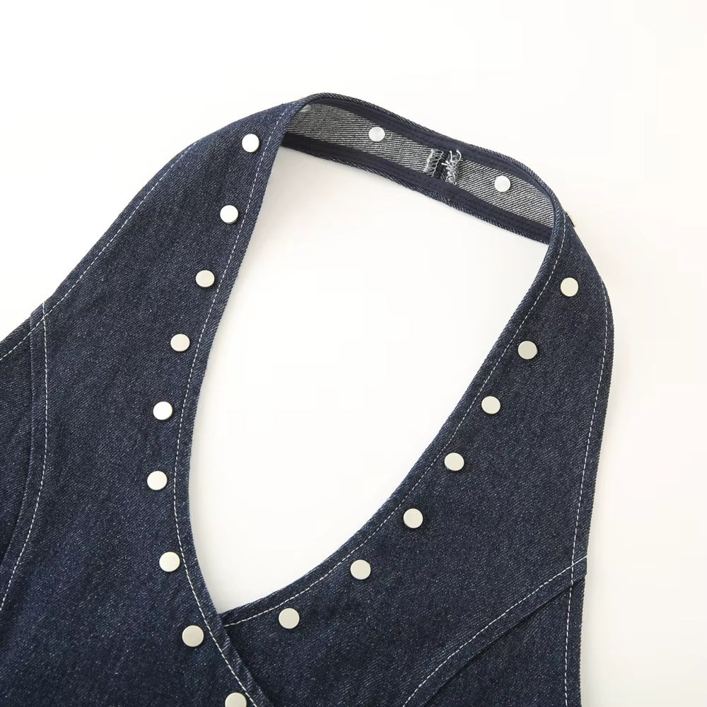 Denim Rivet V neck Waistcoat