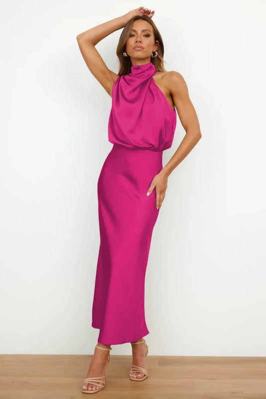 Elean Satin Asymmetrical A-Line Halter Dress