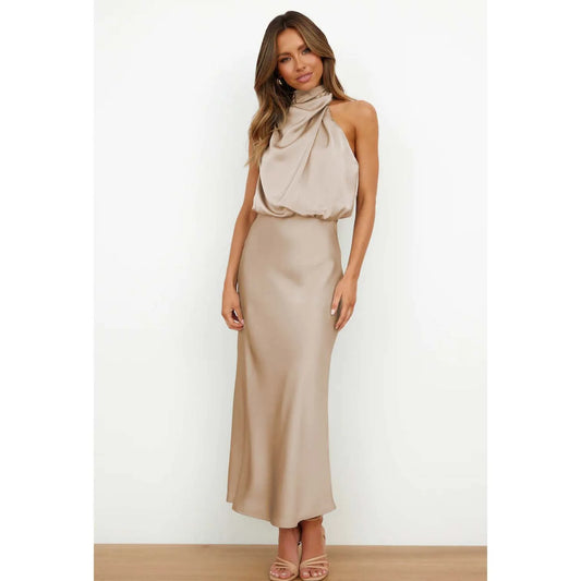 Elean Satin Asymmetrical A-Line Halter Dress
